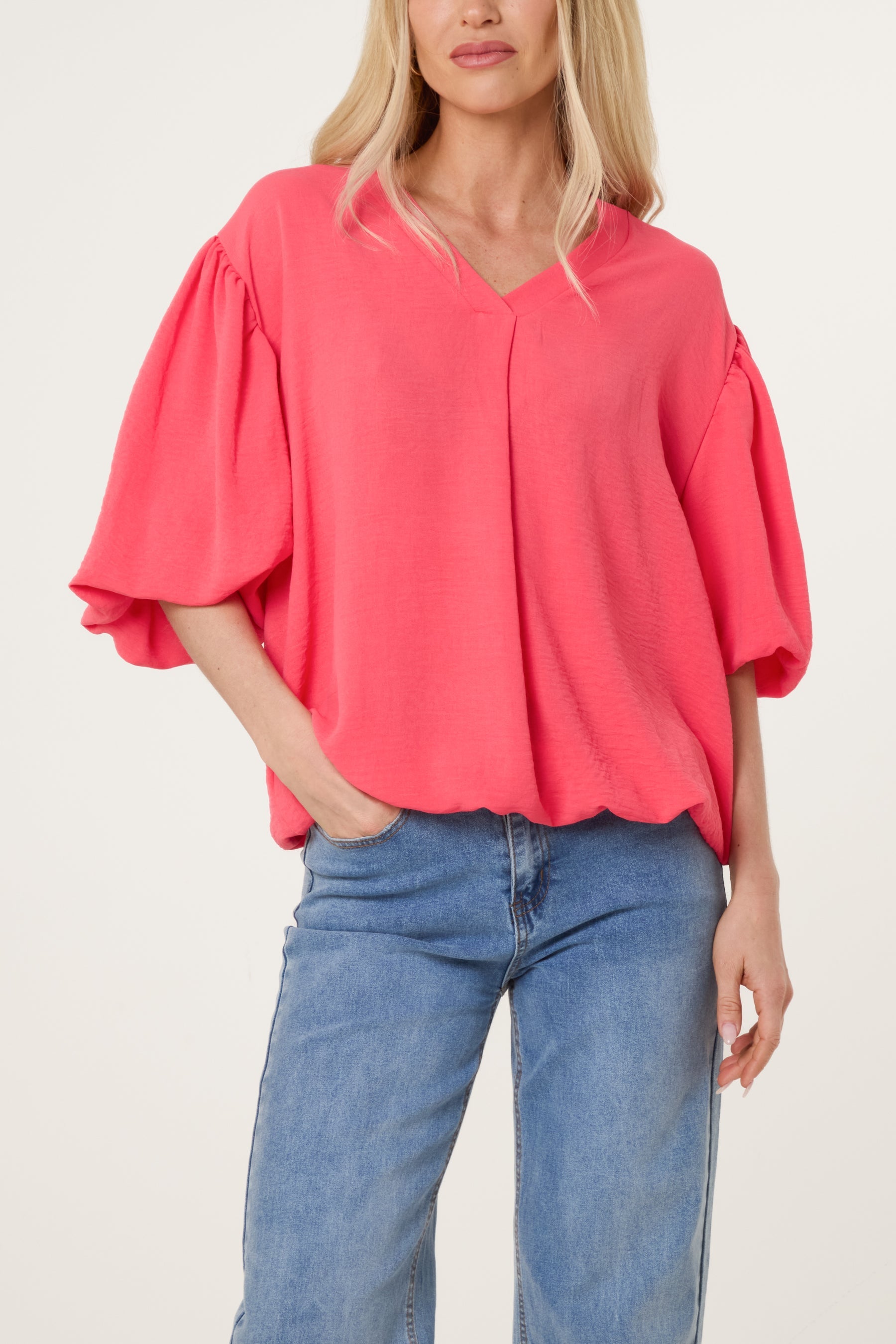 V-Neck Puffed Sleeve Blouse
