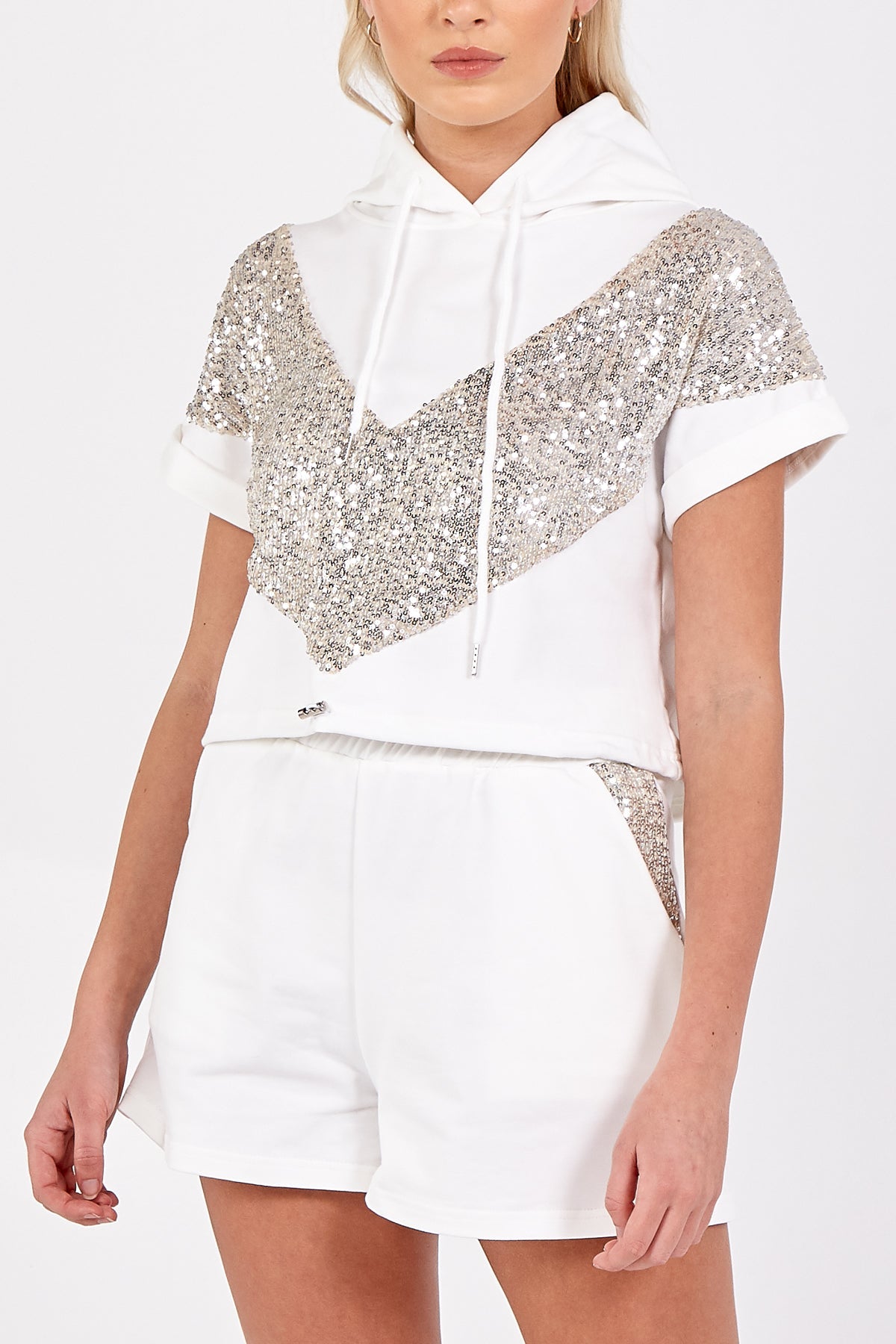 Short Sleeve Hoodie & Sequin Detail Shorts