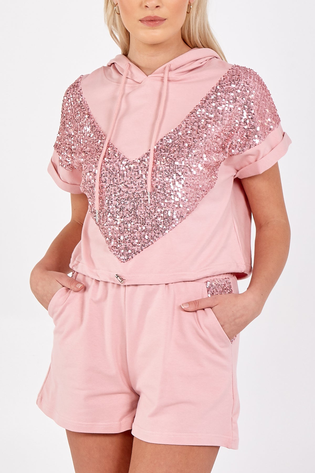 Short Sleeve Hoodie & Sequin Detail Shorts