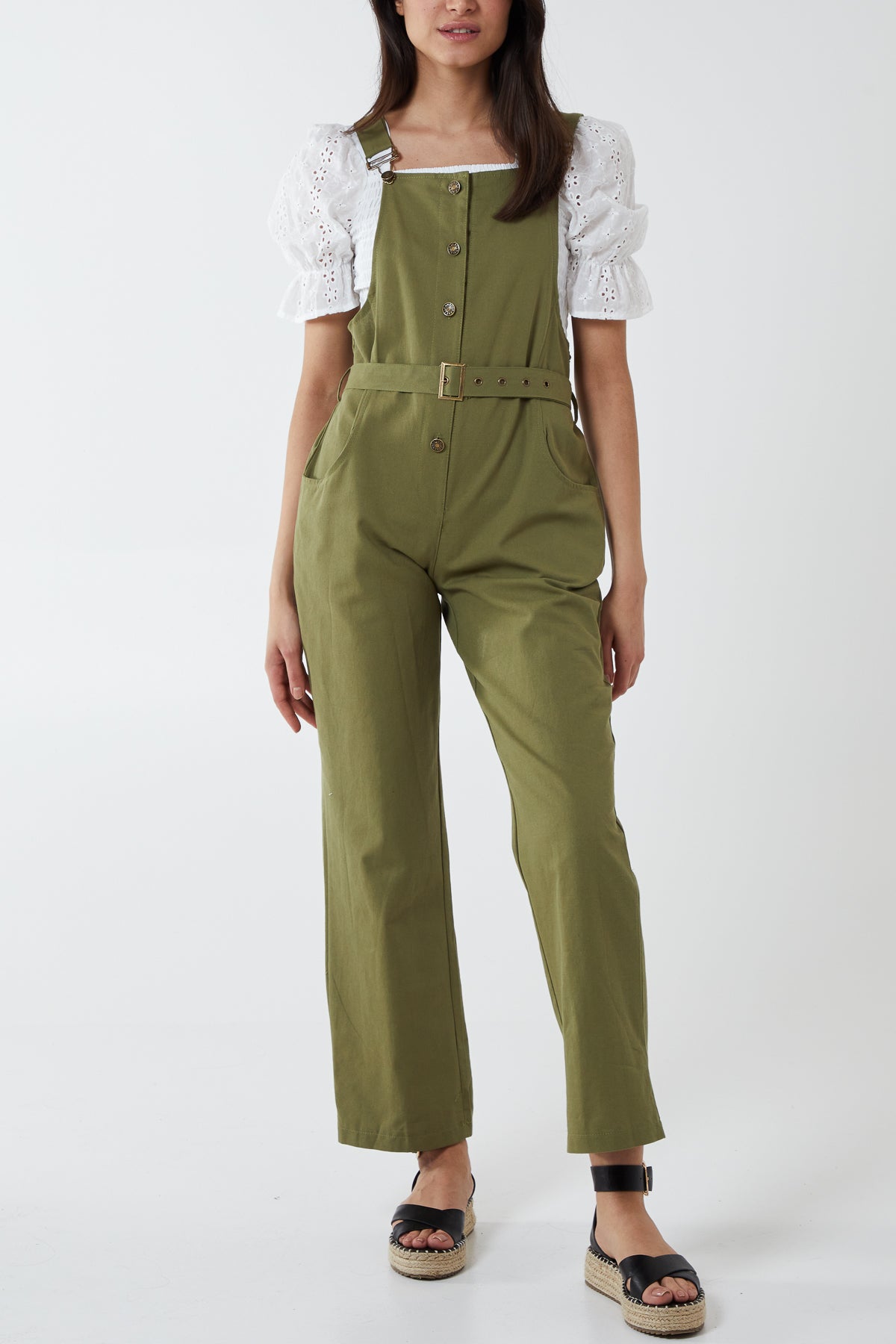 Button Front Two Pocket Belted Dungarees