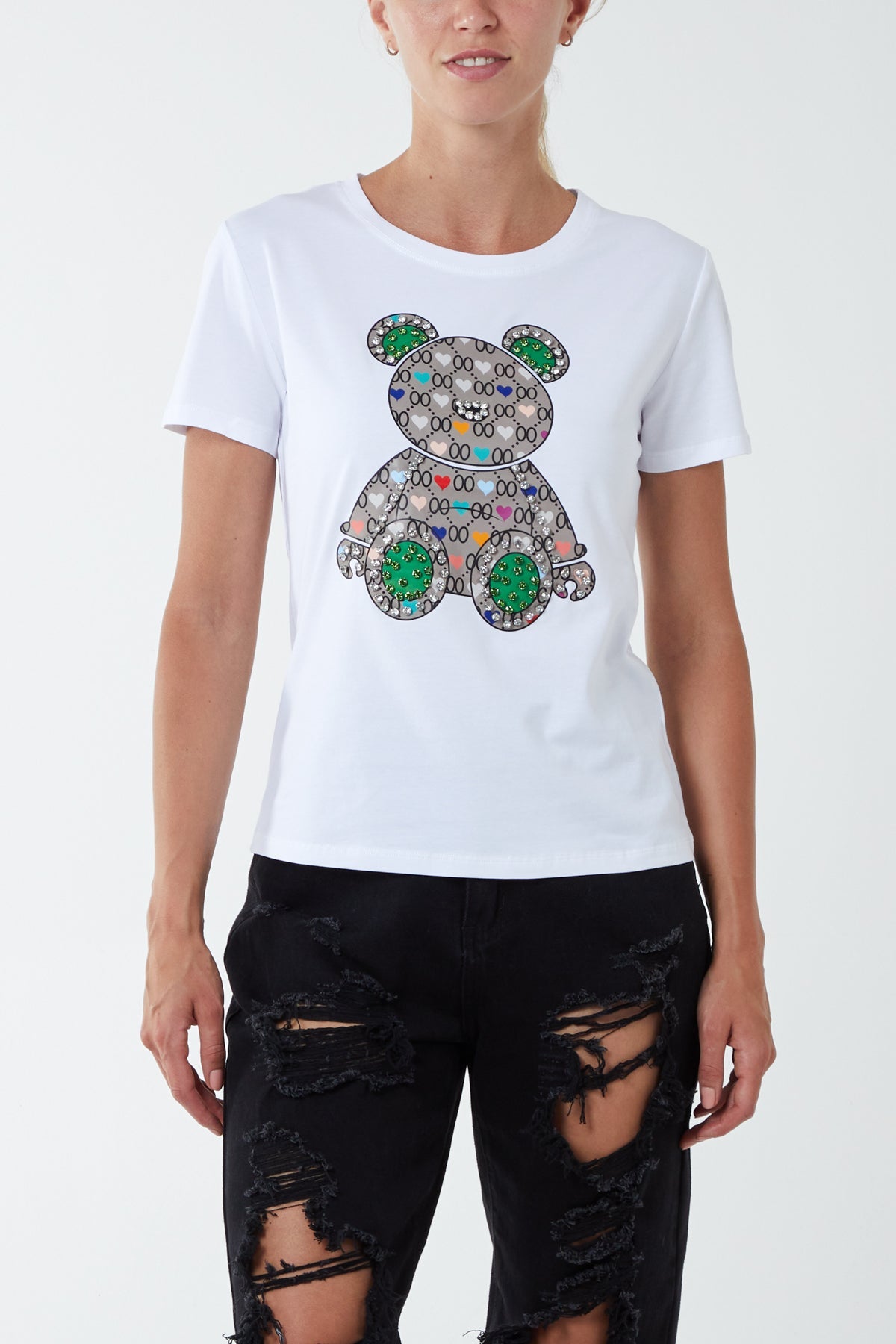 Diamante Teddy Bear Patchwork T-Shirt