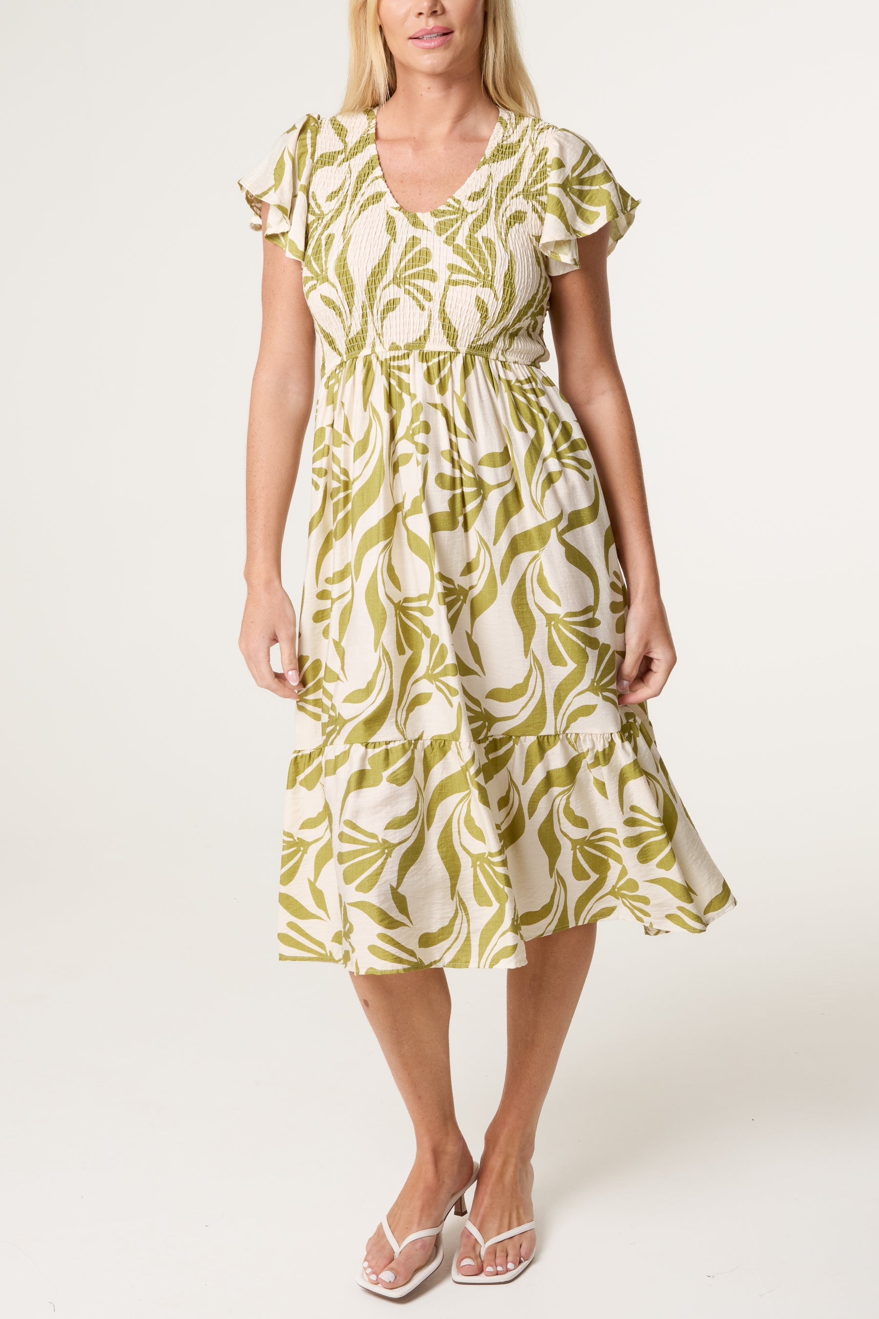 Abstract Leaf V Shirred Dress