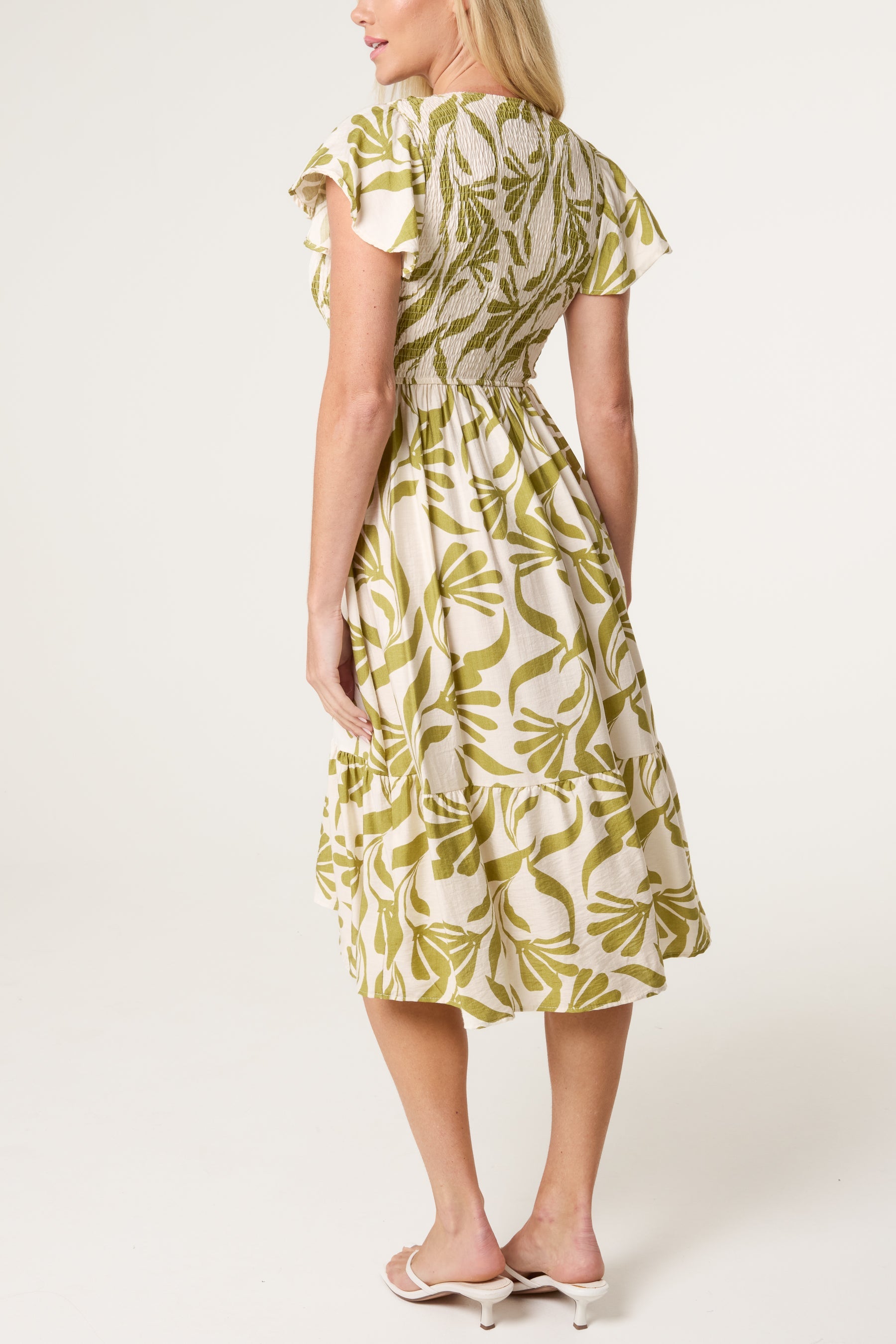 Abstract Leaf V Shirred Dress