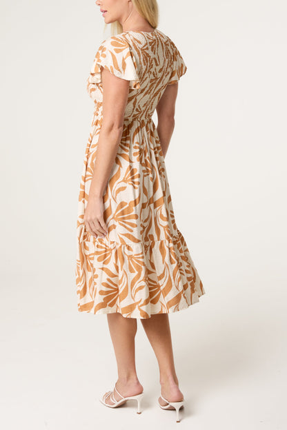 Abstract Leaf V Shirred Dress