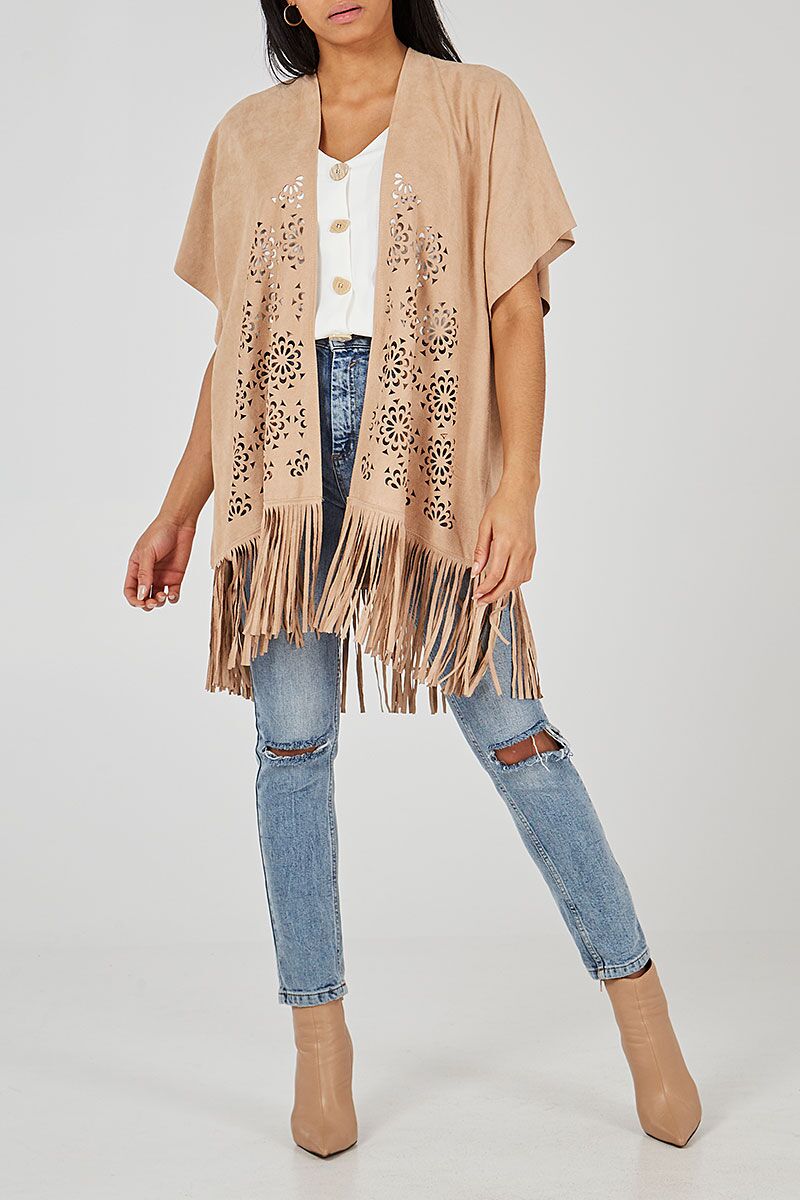 Suede Fringe Cut Out Cardigan