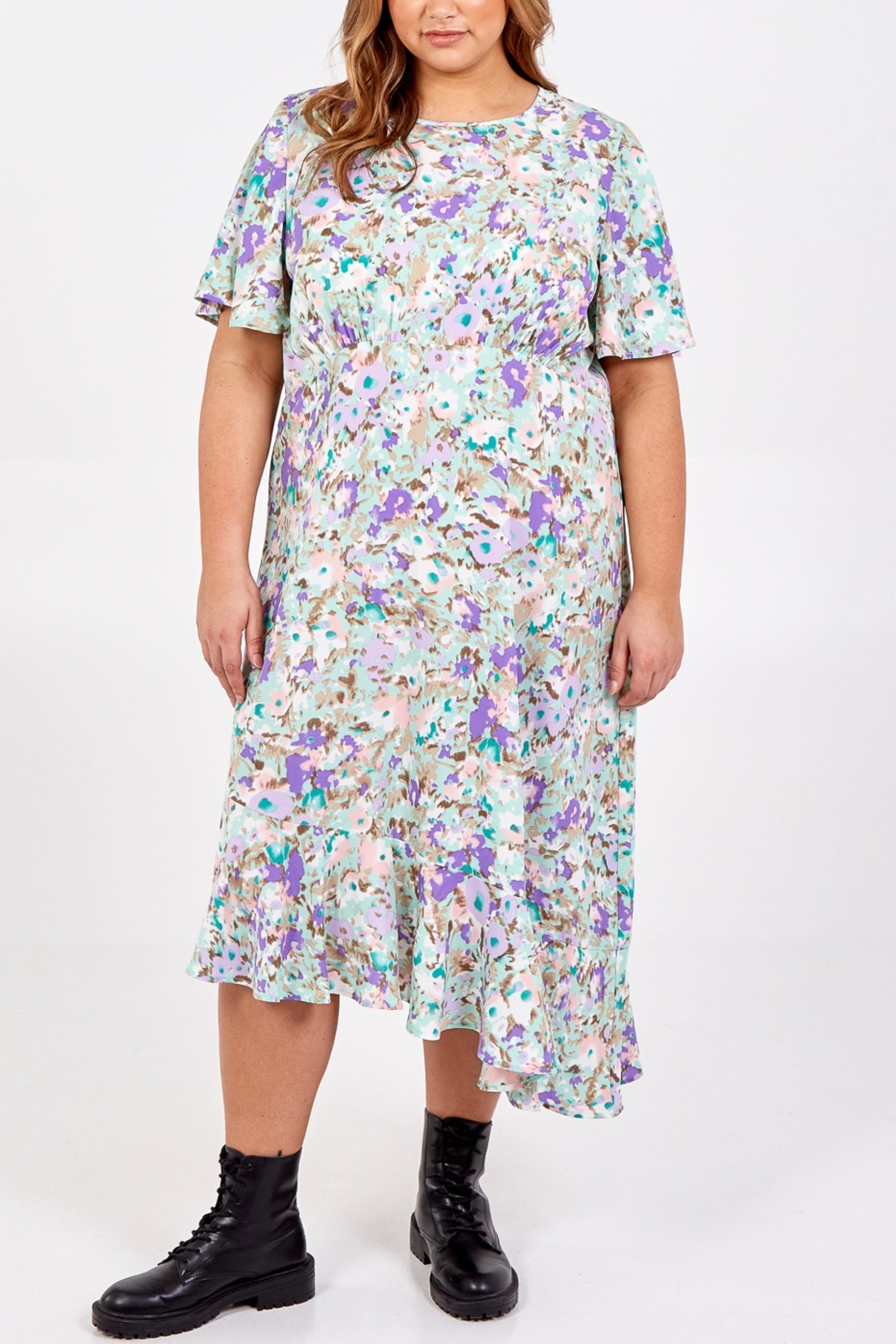 Curve Asymmetric Hem Floral Midi Dress