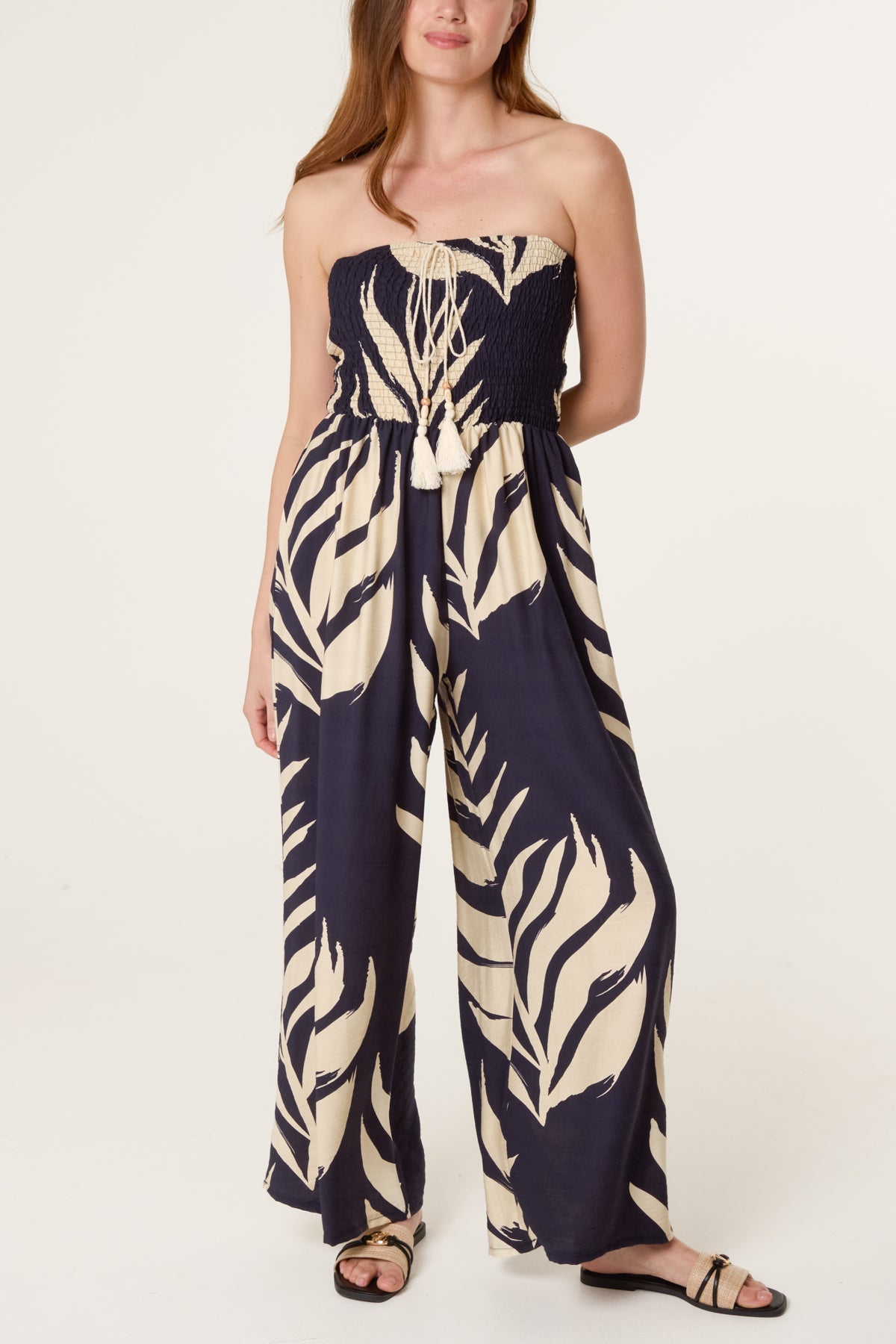 Bandeau Tassel Leaf Print Jumpsuit
