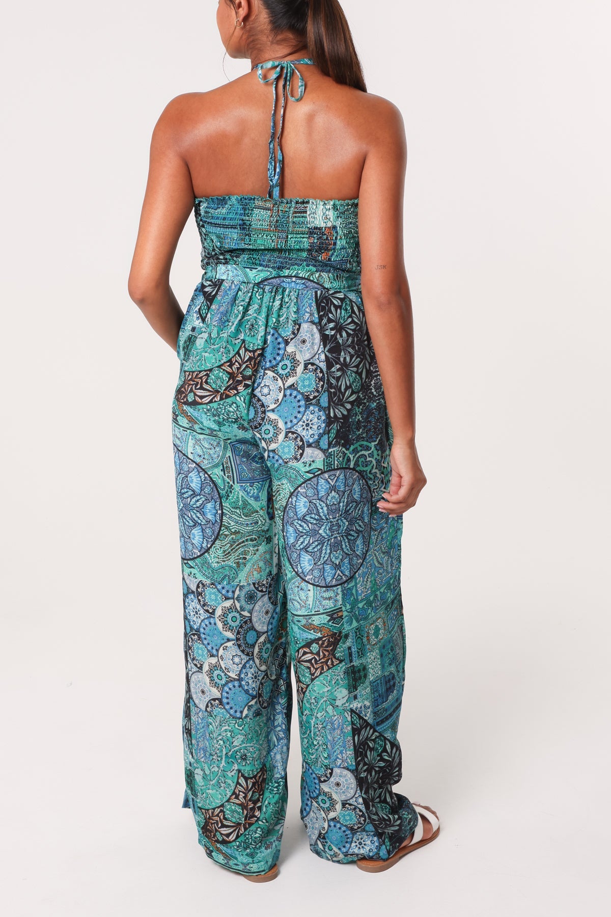 Art Silk Mixed Print Halterneck Shirred Jumpsuit
