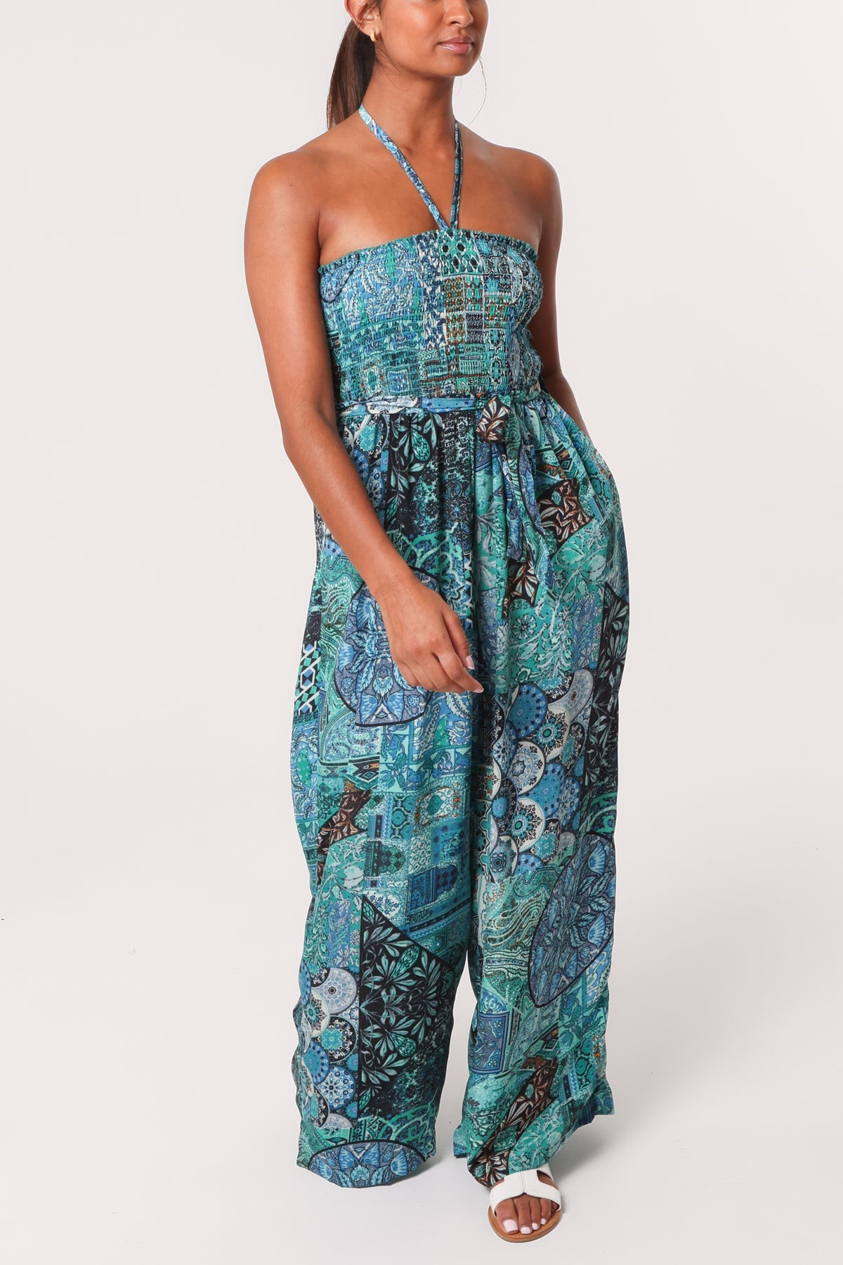 Art Silk Mixed Print Halterneck Shirred Jumpsuit