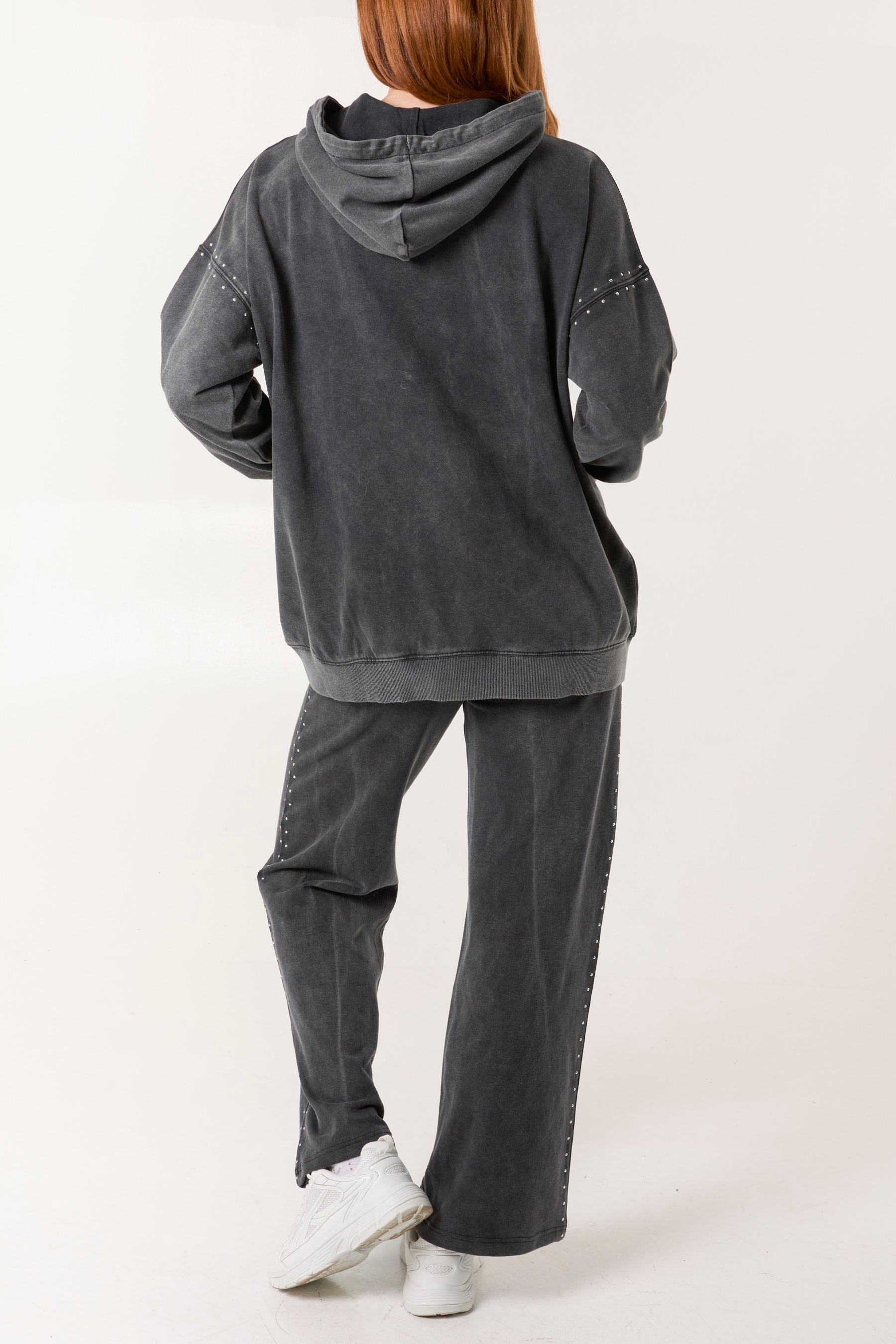 Acid Wash Studded Zip Front Hoodie Set