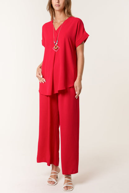 Necklace V-Neck Wide Leg Trousers Set