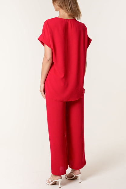 Necklace V-Neck Wide Leg Trousers Set