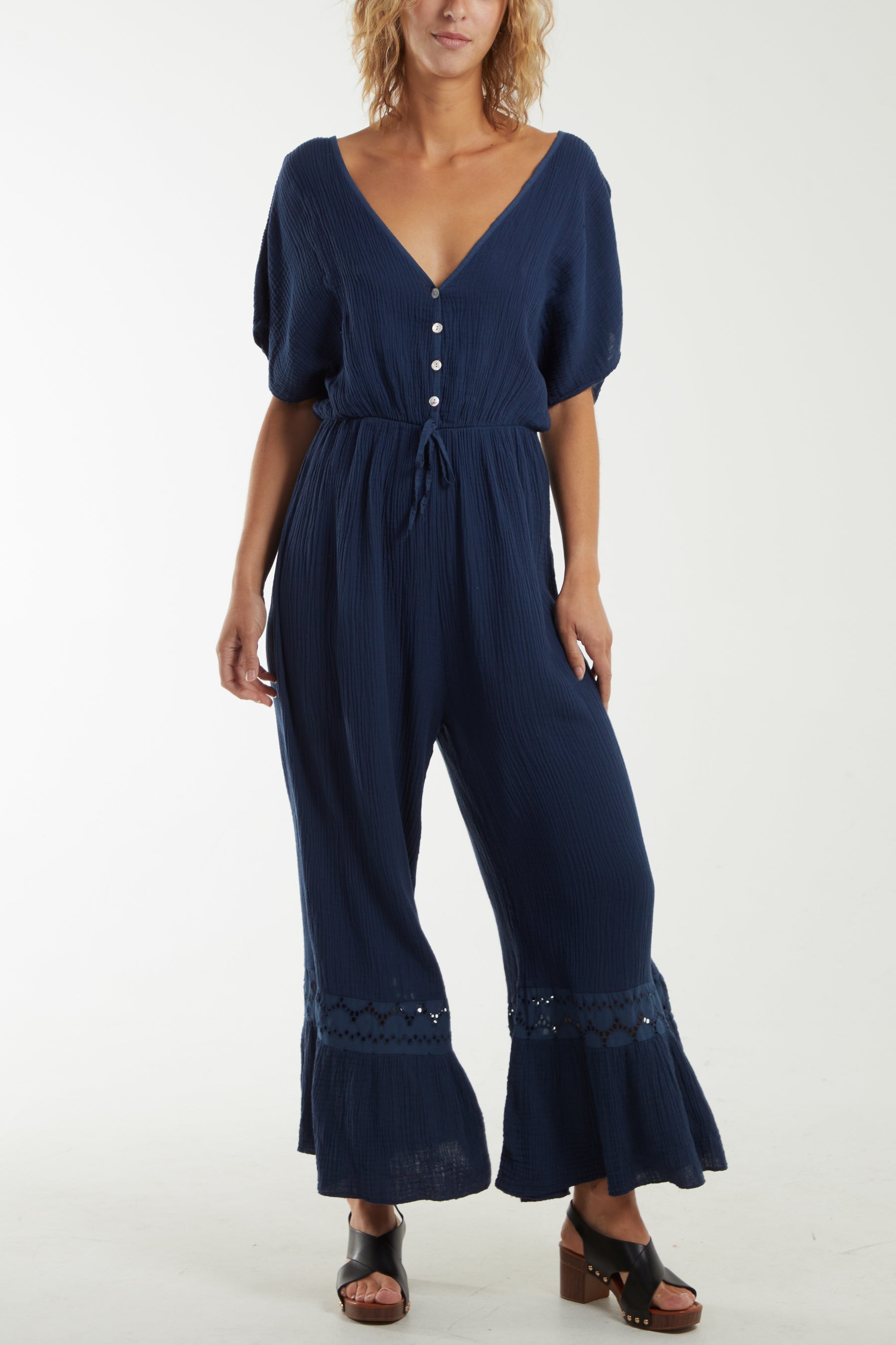 V-Neck Cheesecloth Jumpsuit Broderie Detail