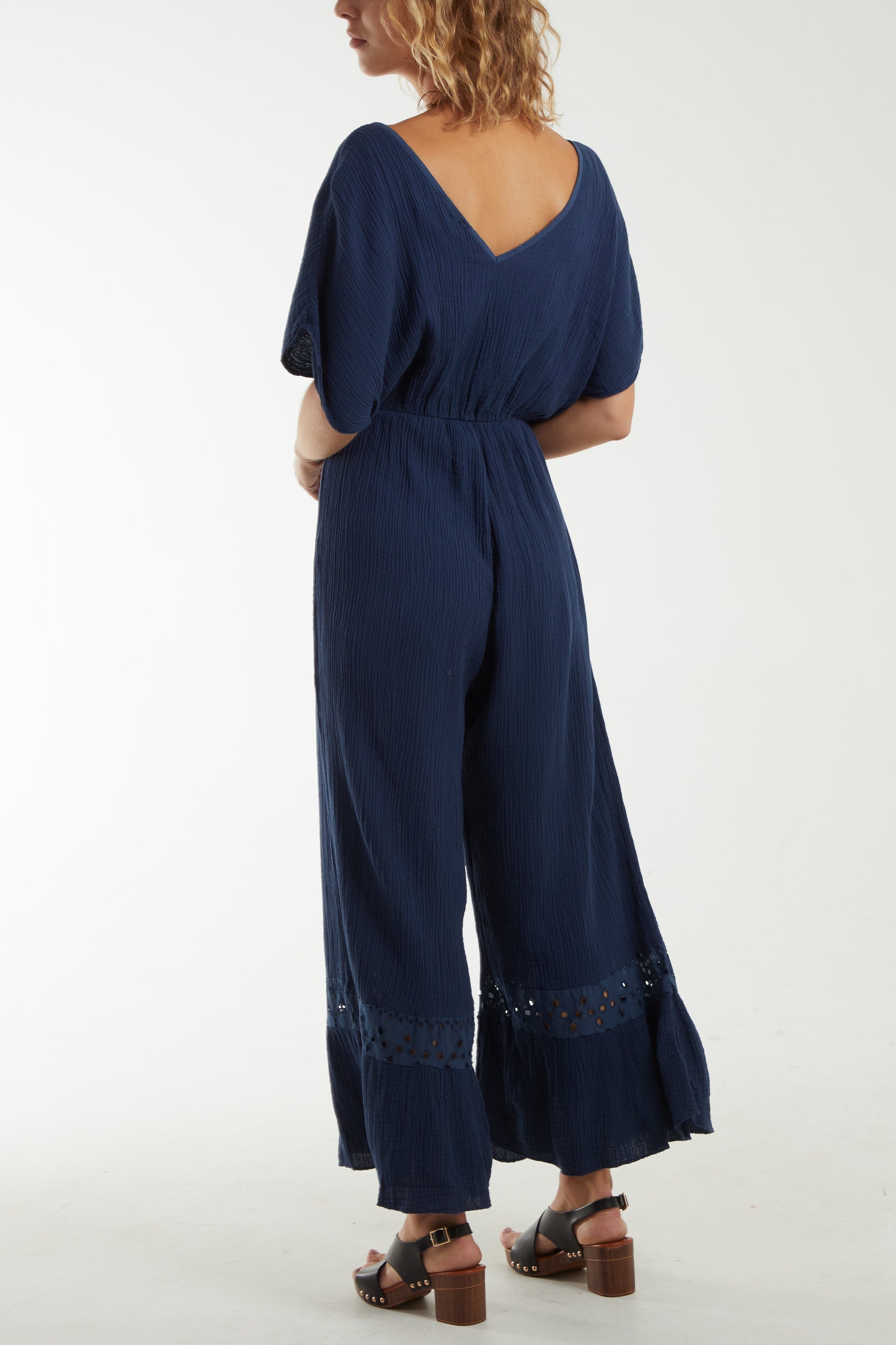 V-Neck Cheesecloth Jumpsuit Broderie Detail
