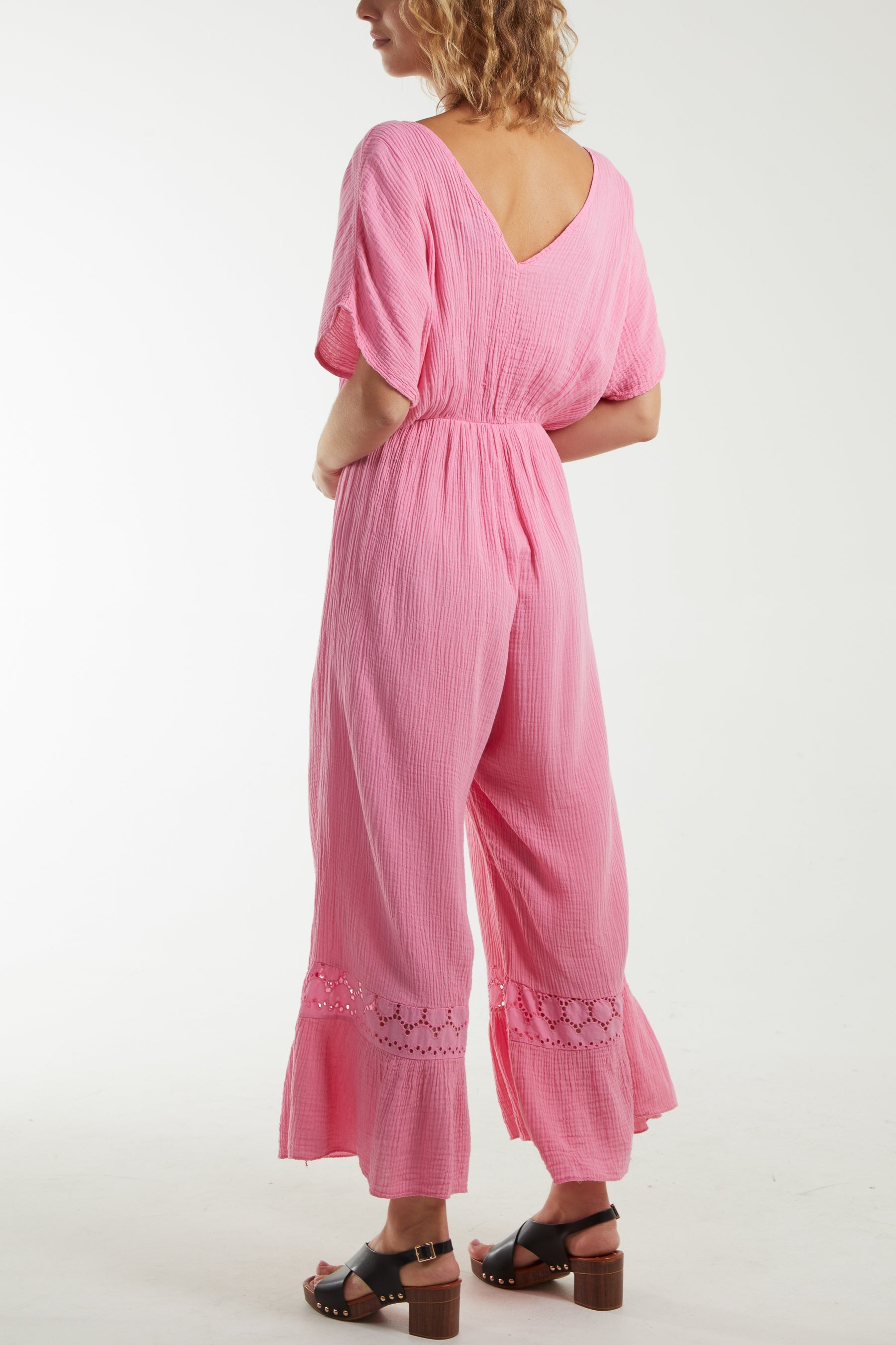 V-Neck Cheesecloth Jumpsuit Broderie Detail