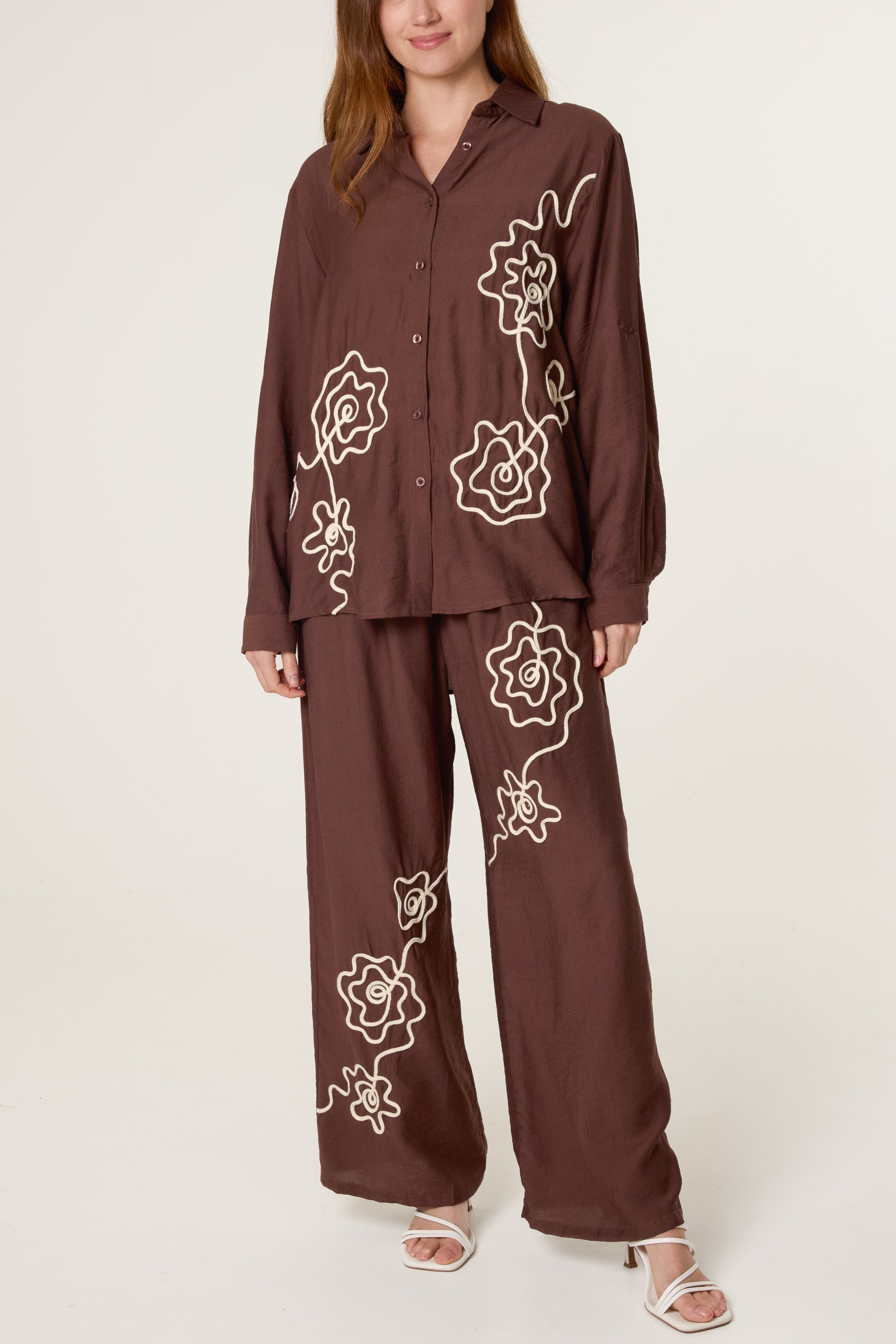 Floral Embroidery Shirt & Trousers Set